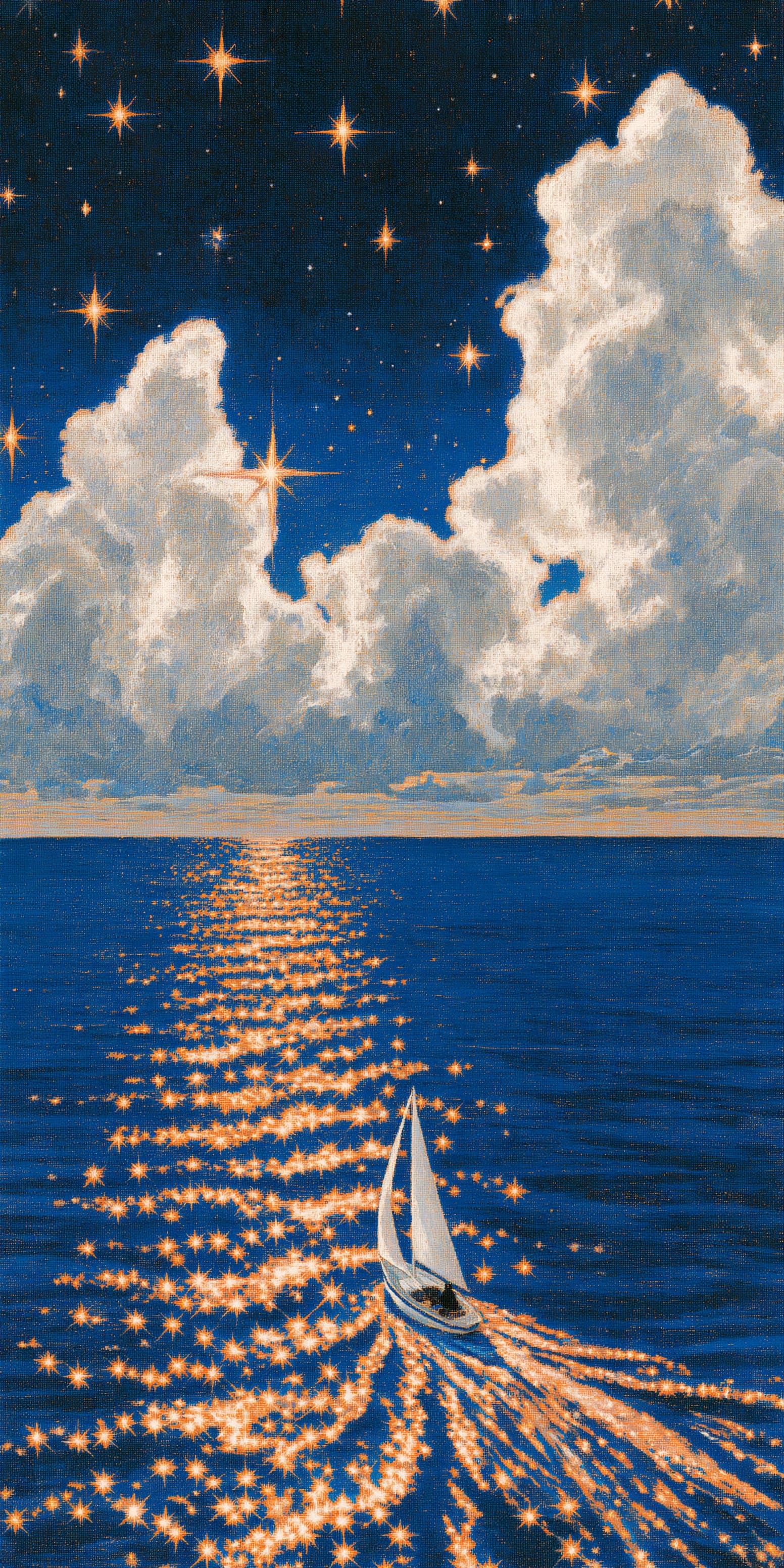 A sailboat trailing a wake of golden light under a starry sky and tall white clouds