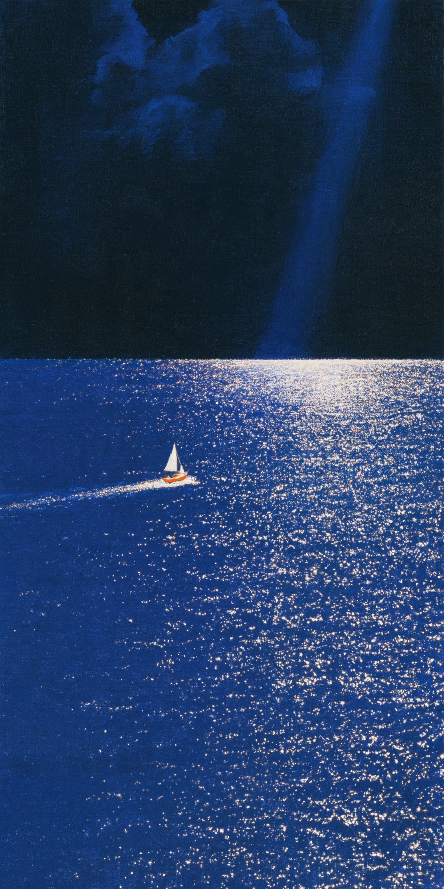 A small sailboat on a glittering blue sea, a shaft of light falling from a dark sky